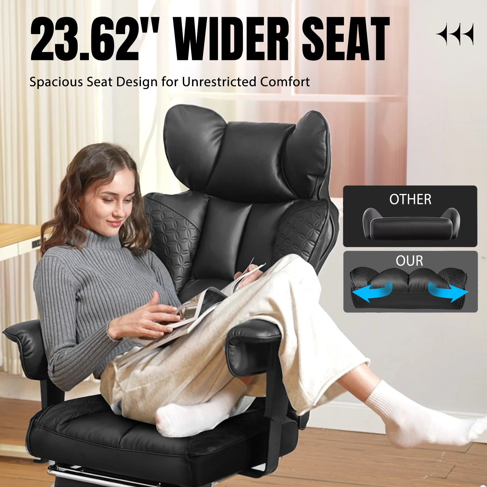 Genuine Leather Ergonomic Office Chair With Footrest And Adjustable Armrests — Black | KIMLUD