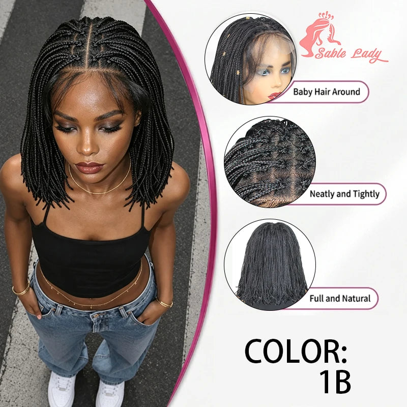 Lace Front Wig – 12 Inch Short Braided – Shoulder Length Bob – Black | KIMLUD