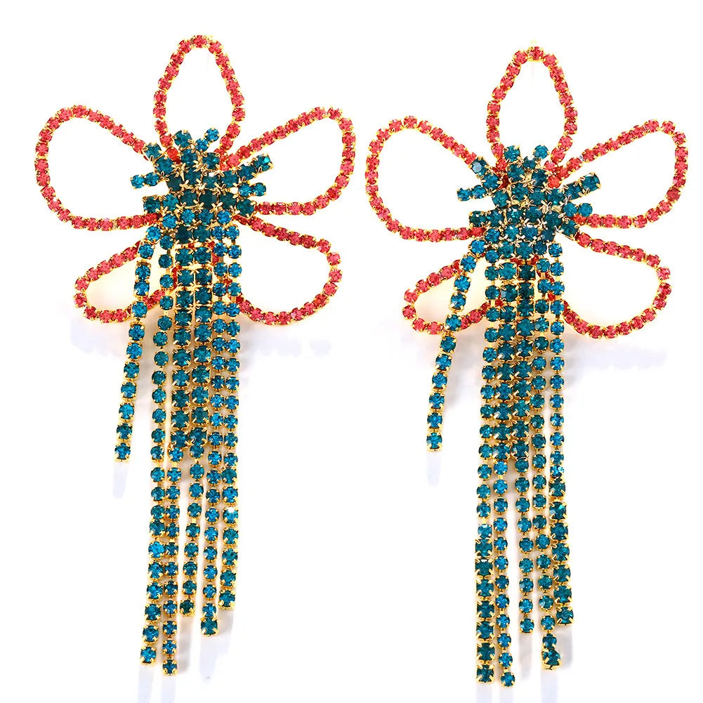 Statement Earrings Rhinestone Flower Design Long Tassel — Multicolor | KIMLUD