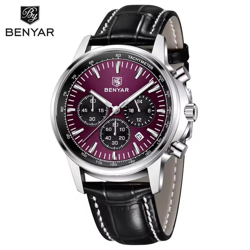 BENYAR 5213 New Men's Watches Top Brand Luxury Quartz Watch for Man Chronograph Wristwatches Clock Waterproof Leather Luminous