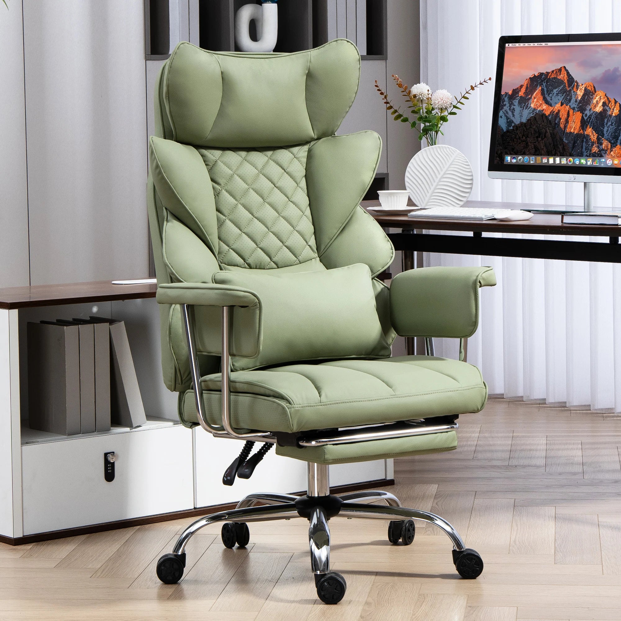 Adjustable executive chair, comfortable real leather gaming chair, height adjustable swivel chair with footrest (green)