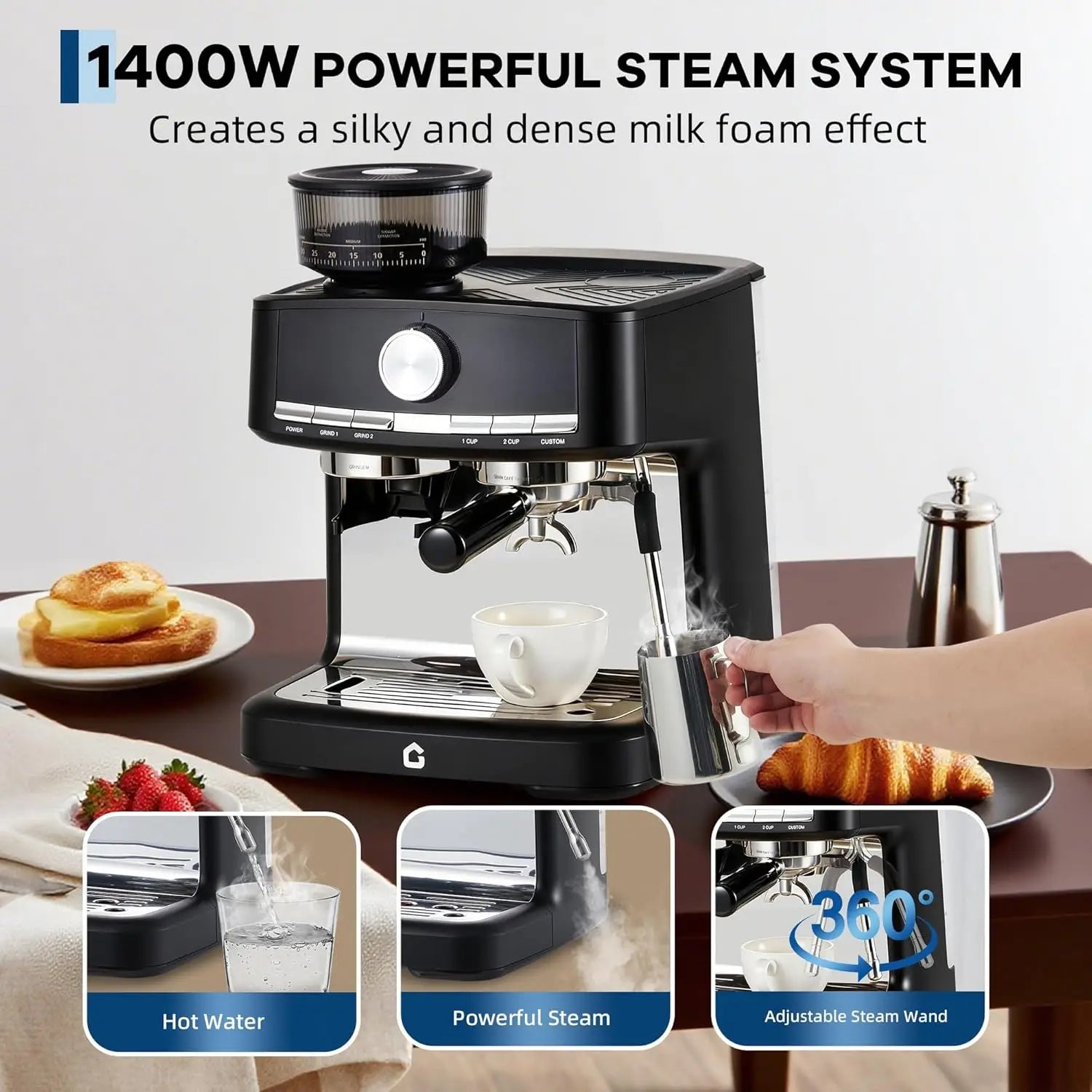 Espresso Machine – 15 Bar Pressure – With Milk Frother and Grinder – Plastic Housing | KIMLUD