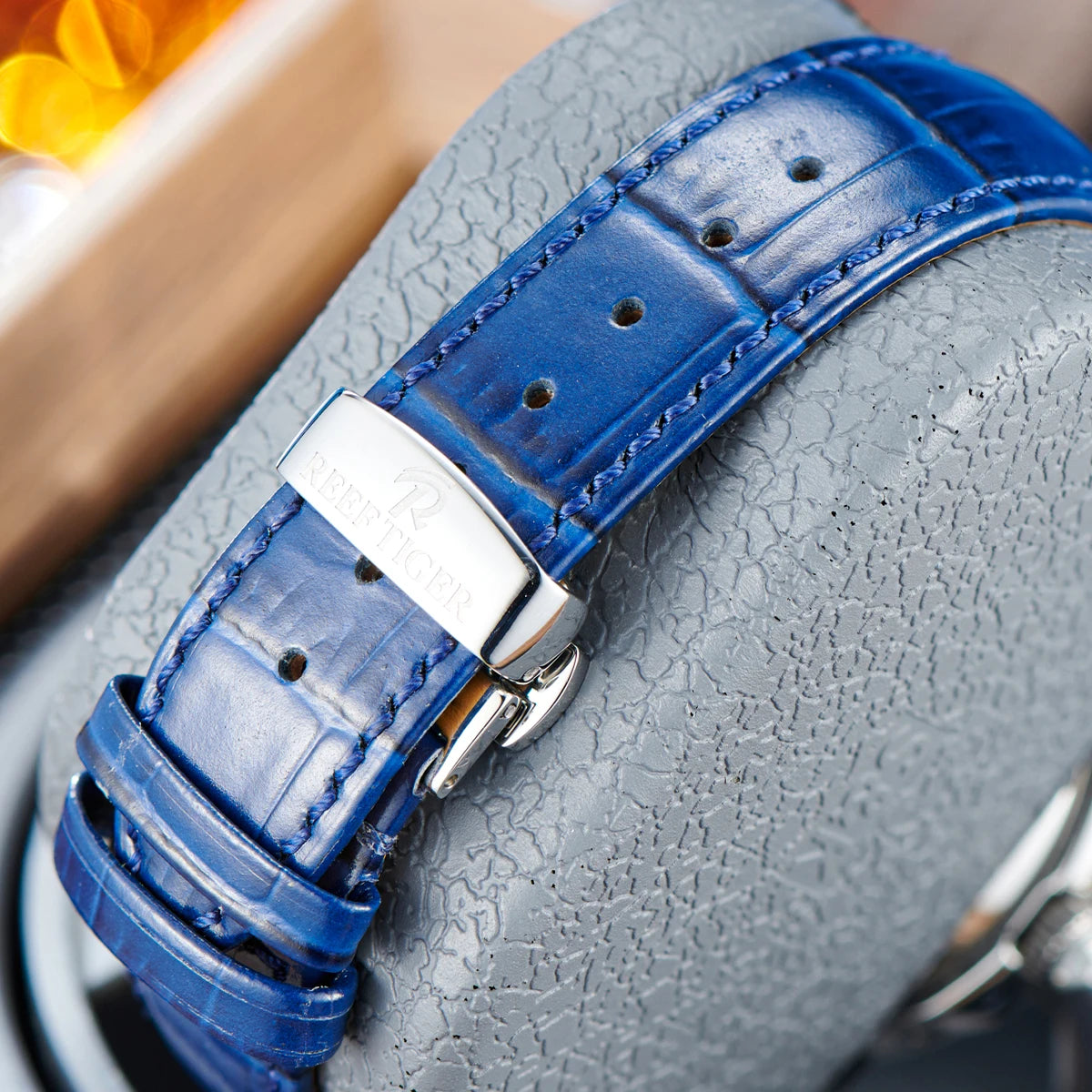 Moonphase Automatic Watch Diamonds Bezel Leather Strap — Blue | KIMLUD