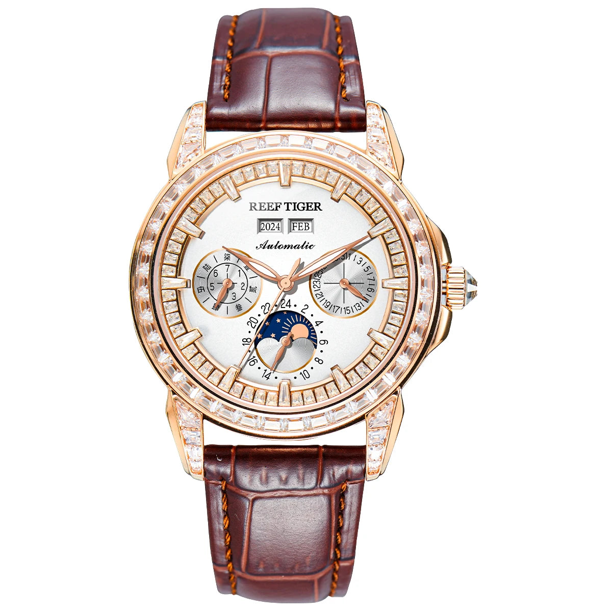 Moonphase Automatic Leather Watch Rainbow Diamond Bezel — Ruby Red | KIMLUD