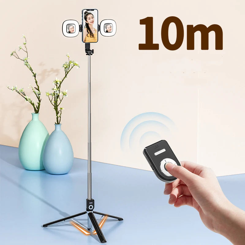 1.7M Extended Version Bluetooth Selfie Stick Double Fill Light Tripod with Remote Shutter for Android IOS Cell Phone