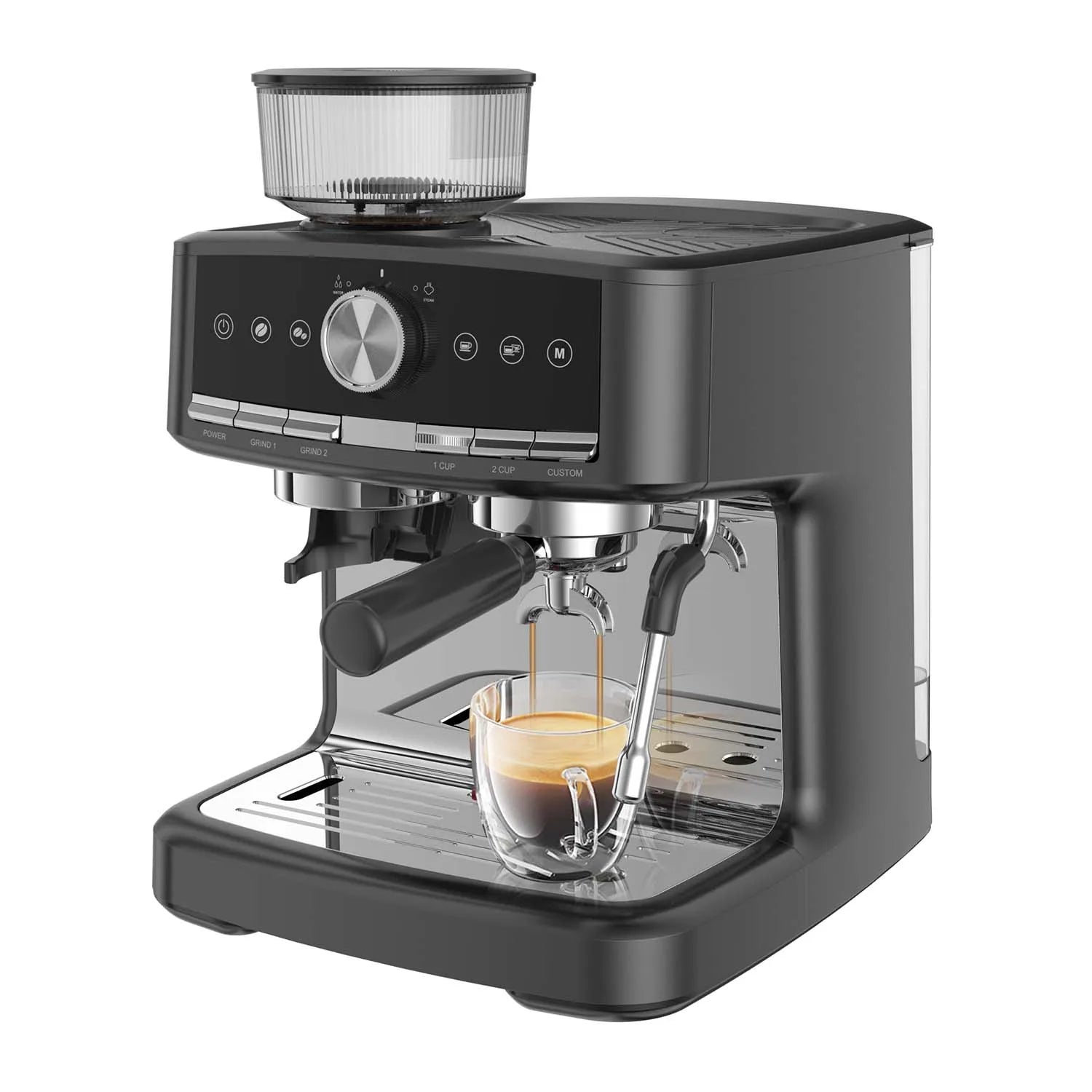 Espresso Machine – 15 Bar Pressure – With Milk Frother and Grinder – Plastic Housing | KIMLUD