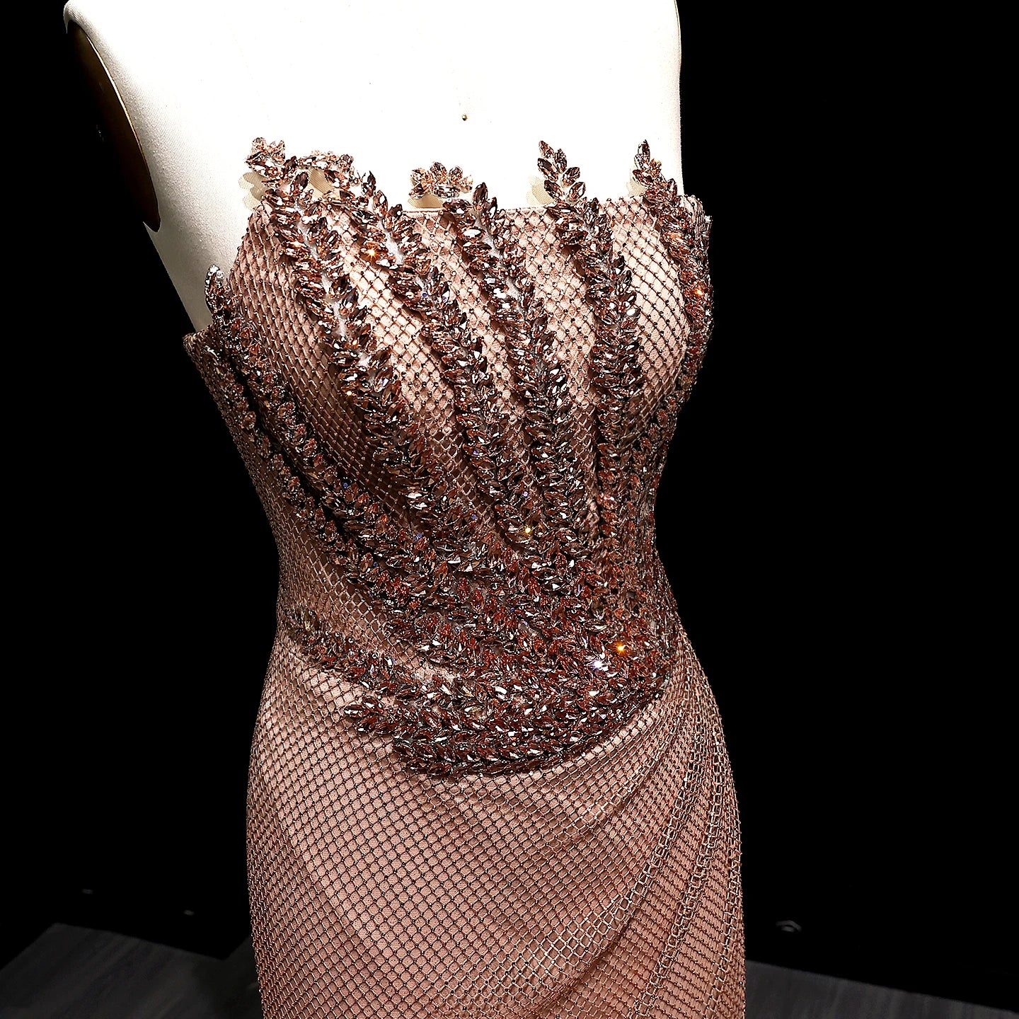 Crystal Beaded Mermaid Evening Dress With Slit — Caramel | KIMLUD