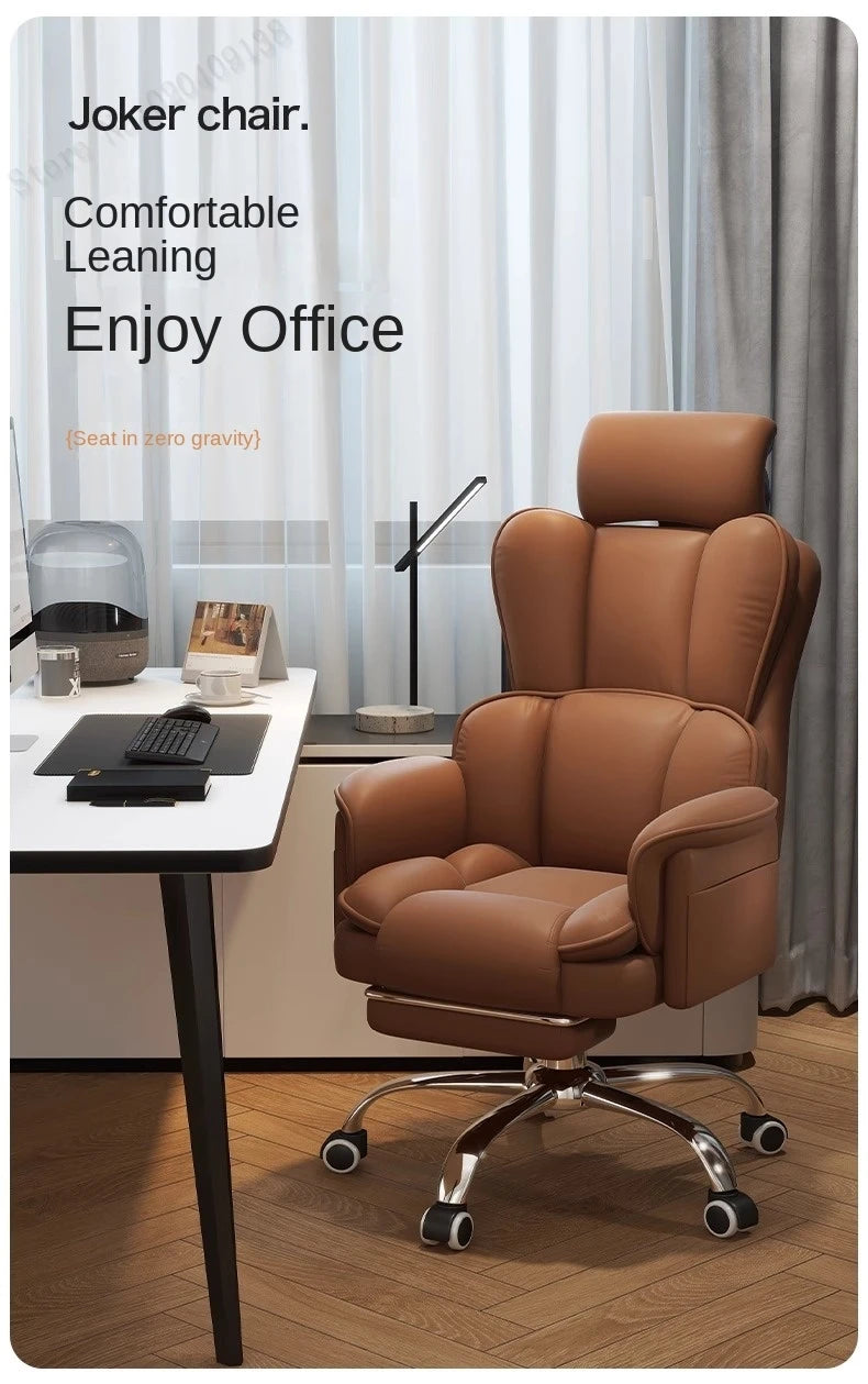 PU Leather Office Chair Ergonomic With Footrest — Caramel Brown | KIMLUD