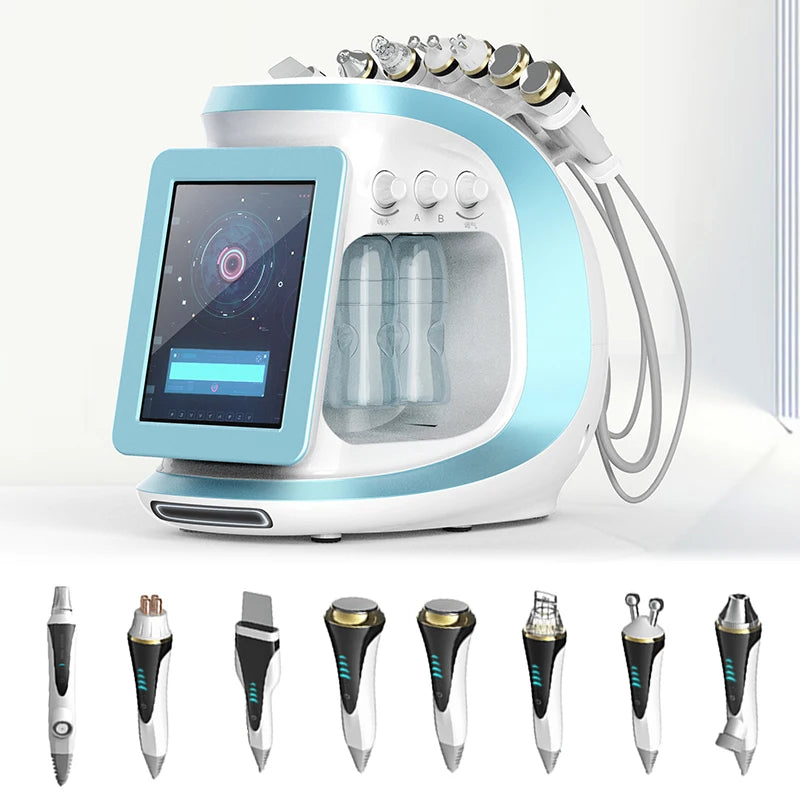 Stainless Steel 8 In 1 Hydra Oxygen Facial Cleansing Device With Dermabrasion RF Microneedling Vacuum — Ice Blue | KIMLUD