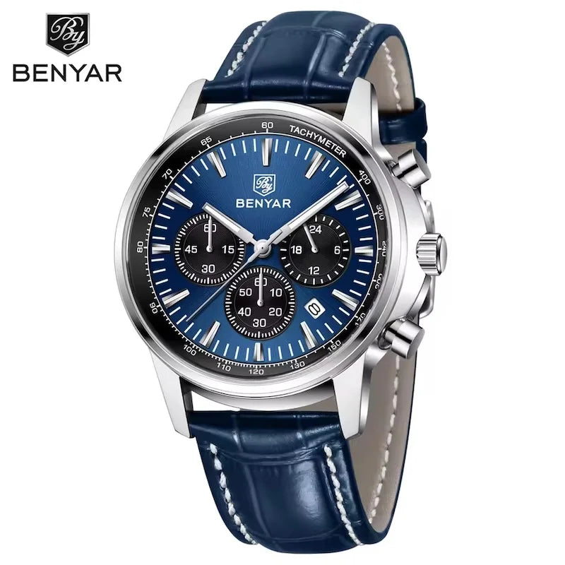 BENYAR 5213 New Men's Watches Top Brand Luxury Quartz Watch for Man Chronograph Wristwatches Clock Waterproof Leather Luminous