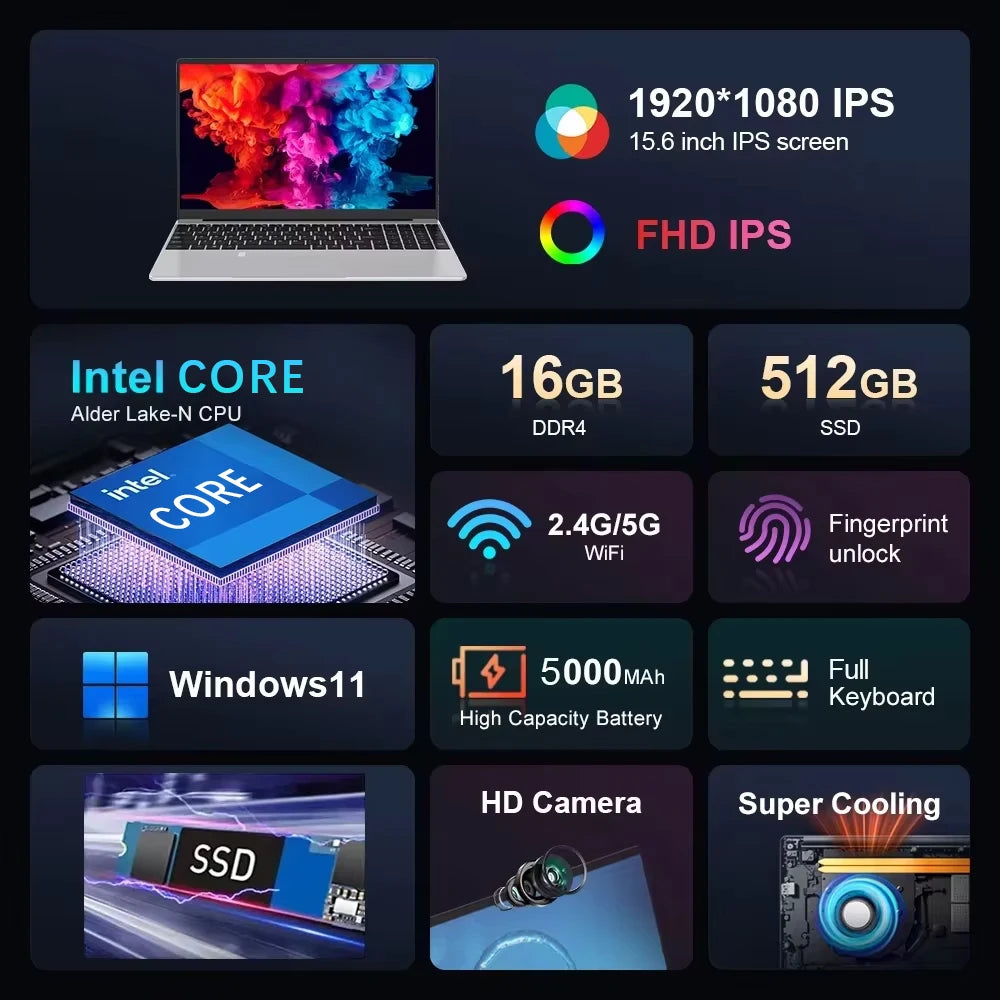 Windows 11 Laptops Computer Gaming Intel Core 5005U Computer 16GB RAM 1/2TB SSD Fingerprint Unlock 15.6" 1920*1080 Notebook PC