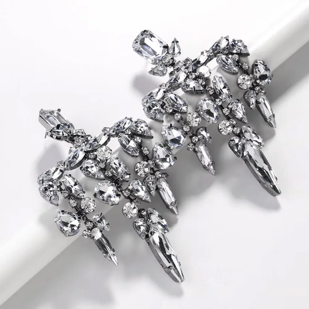 Exaggerated Rhinestone Large Dangle Earrings — Black Crystal | KIMLUD