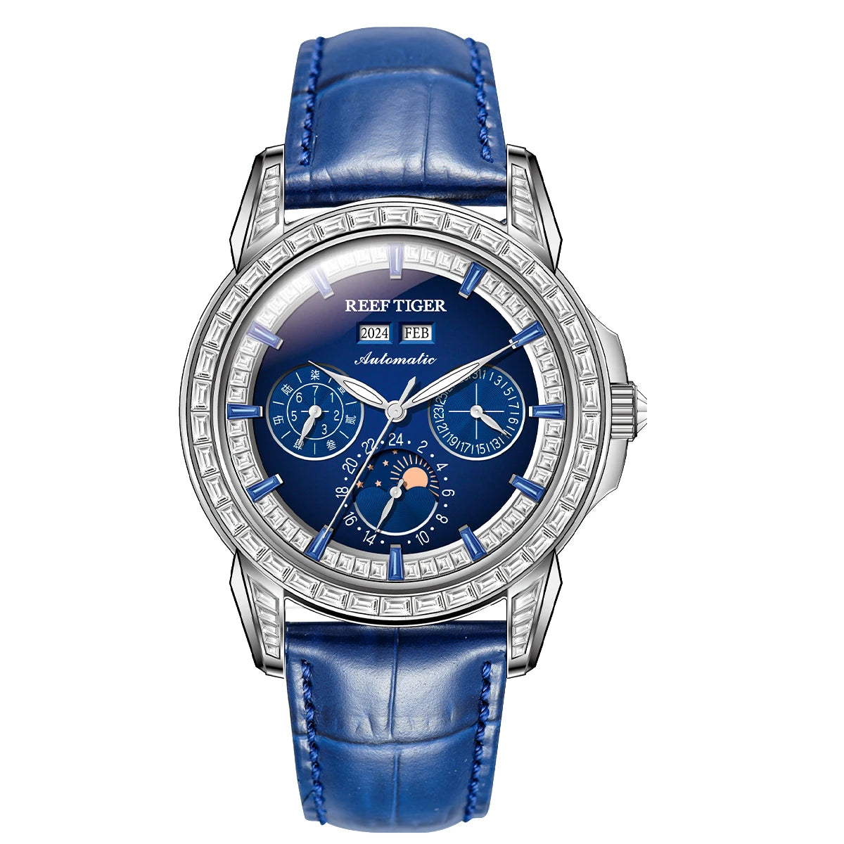 Moonphase Automatic Watch Diamonds Bezel Leather Strap — Blue | KIMLUD