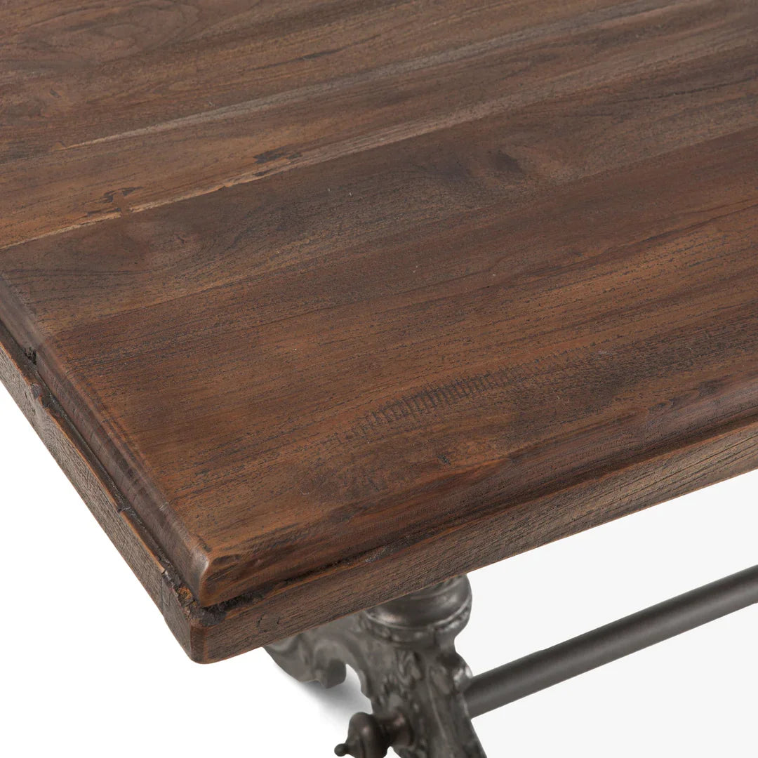Teak Wood Rectangular Top Antique Nickel Cast Iron Base Industrial Work Stunning Dining Kitchen & Hotel Furniture Dining Table
