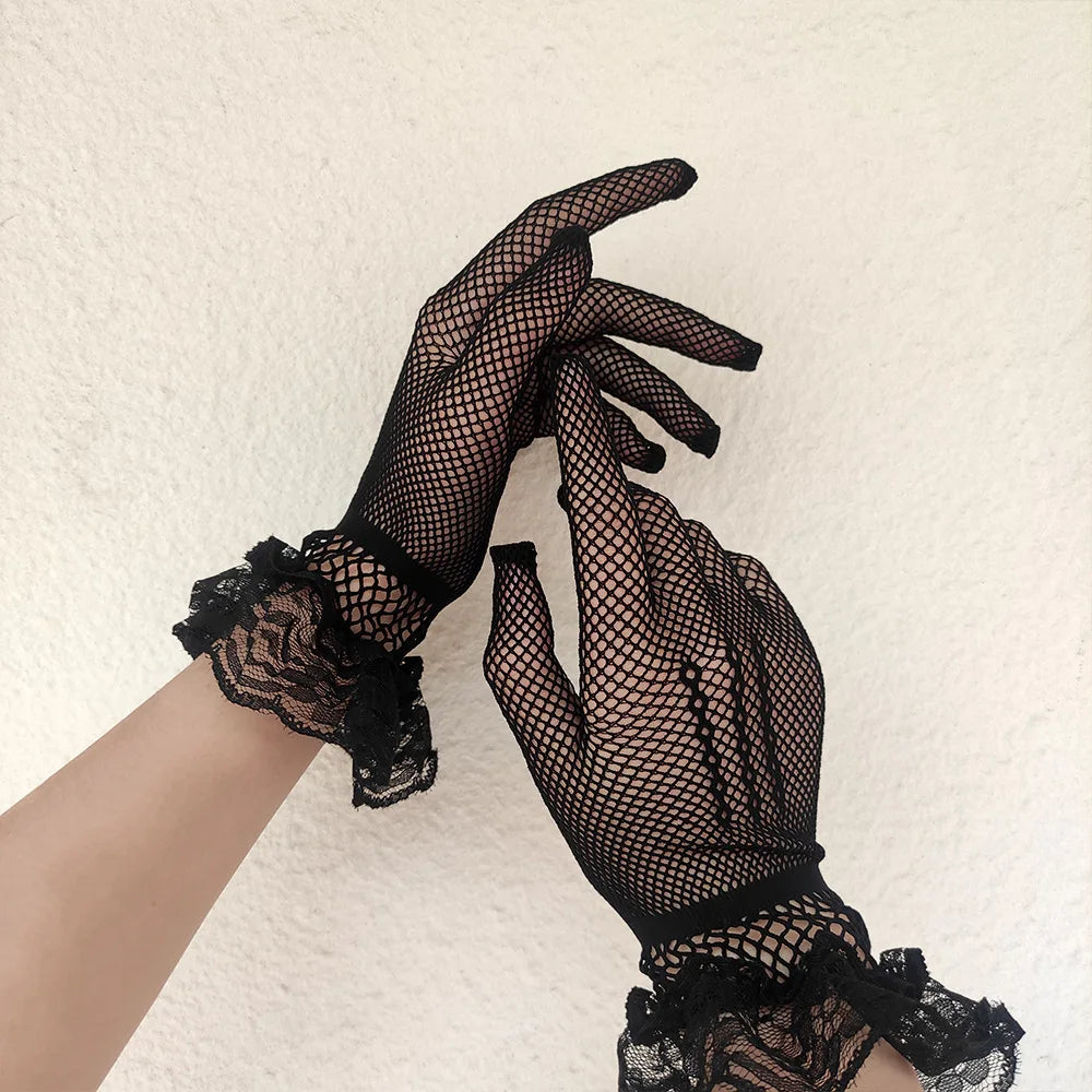 Women Black White Summer Uv-proof Driving Gloves Female Thin Fishnet Mesh Gloves Fashion Ruffle Full Finger Lace Mittens