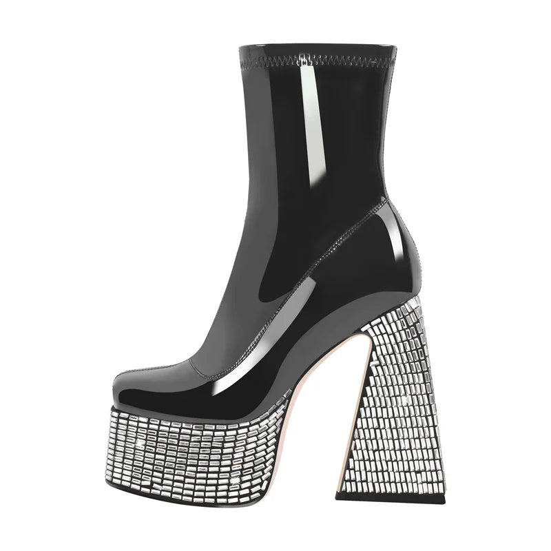 Onlymaker Woman Platform Rhinestone Ankle Boots Square Toe Chunky Booties Thick High Heels Side Zip Mixed Colors Punk Boots