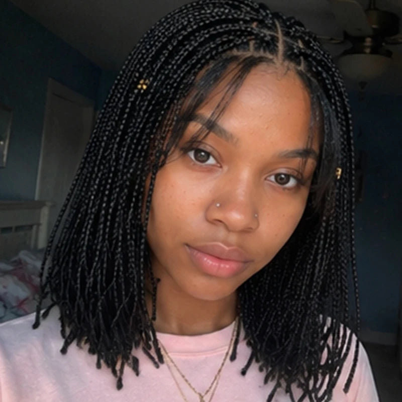 Lace Front Wig – 12 Inch Short Braided – Shoulder Length Bob – Black | KIMLUD