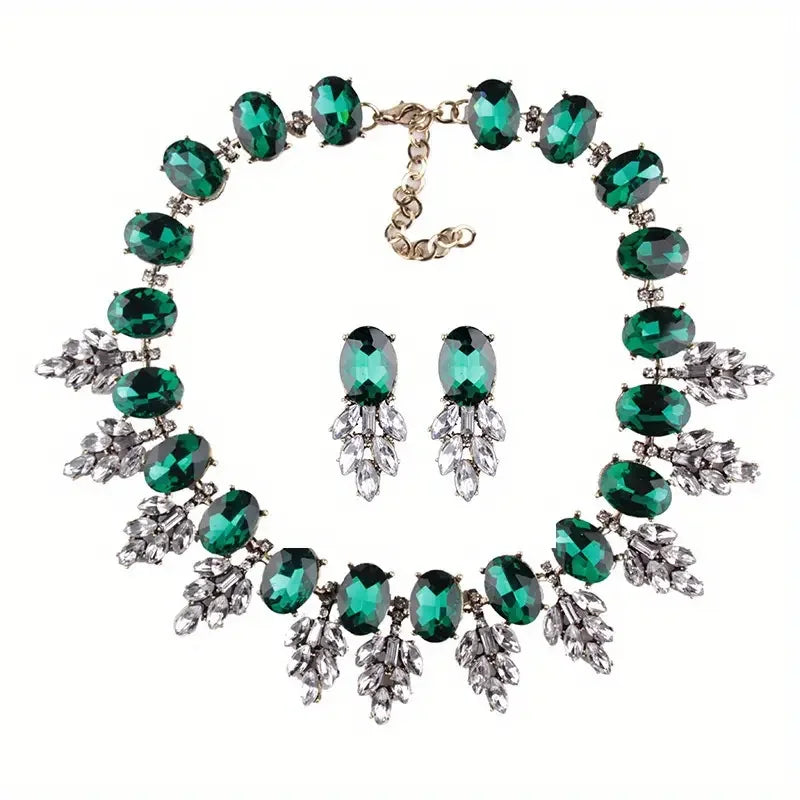 Best Lady Geometric Rhinestone Necklace & Short Glass Earrings Stitching Decorative Neck Chain Dress Jewelry Set