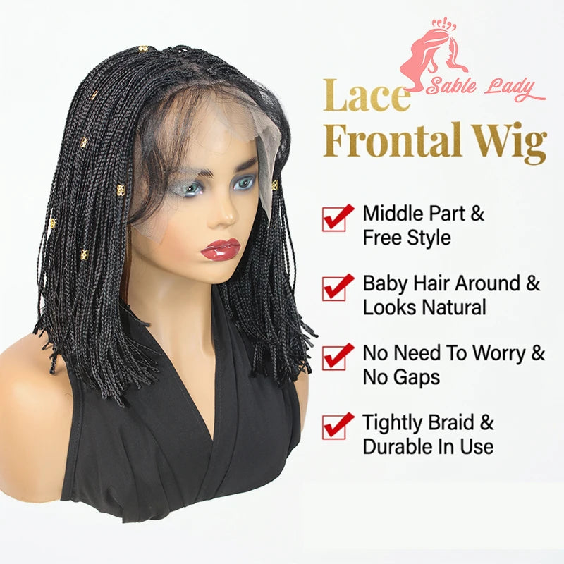 Lace Front Wig – 12 Inch Short Braided – Shoulder Length Bob – Black | KIMLUD