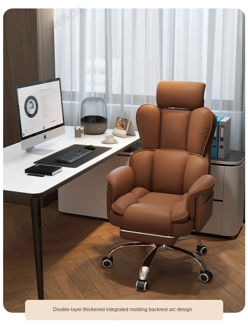 PU Leather Office Chair Ergonomic With Footrest — Caramel Brown | KIMLUD