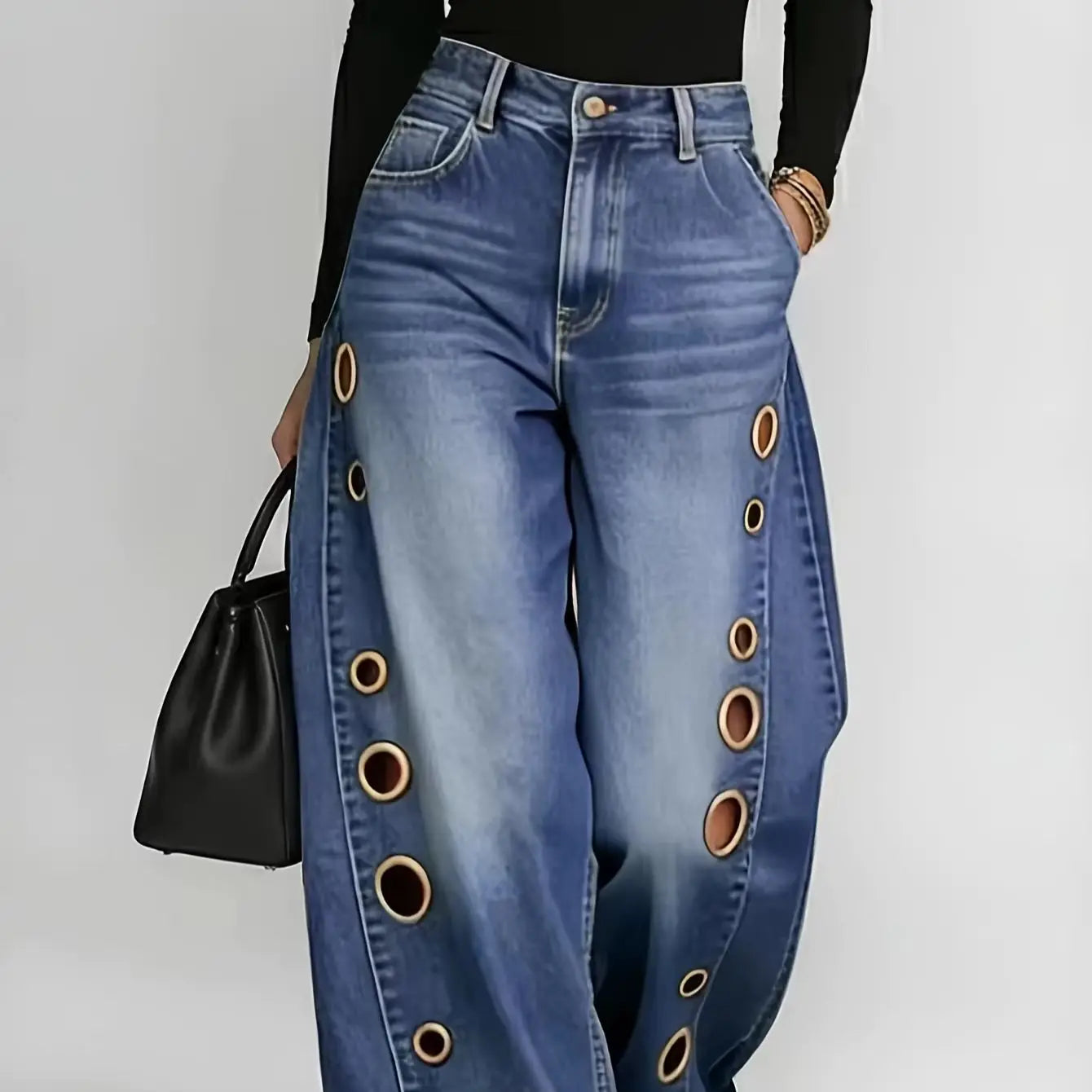 Jeans – Retro-Style Wide-Leg with Metallic Eyelets – Denim | KIMLUD