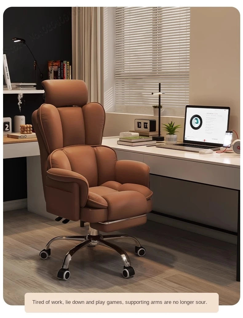 PU Leather Office Chair Ergonomic With Footrest — Caramel Brown | KIMLUD