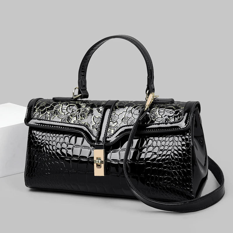 PU Crocodile Pattern Luxury Satchel Bag — Black | KIMLUD