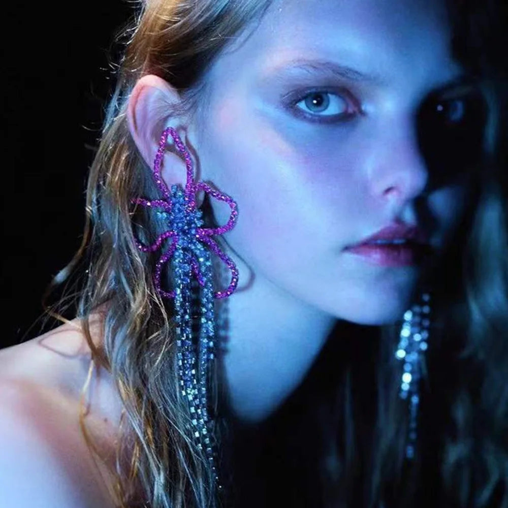 Statement Earrings Rhinestone Flower Design Long Tassel — Multicolor | KIMLUD