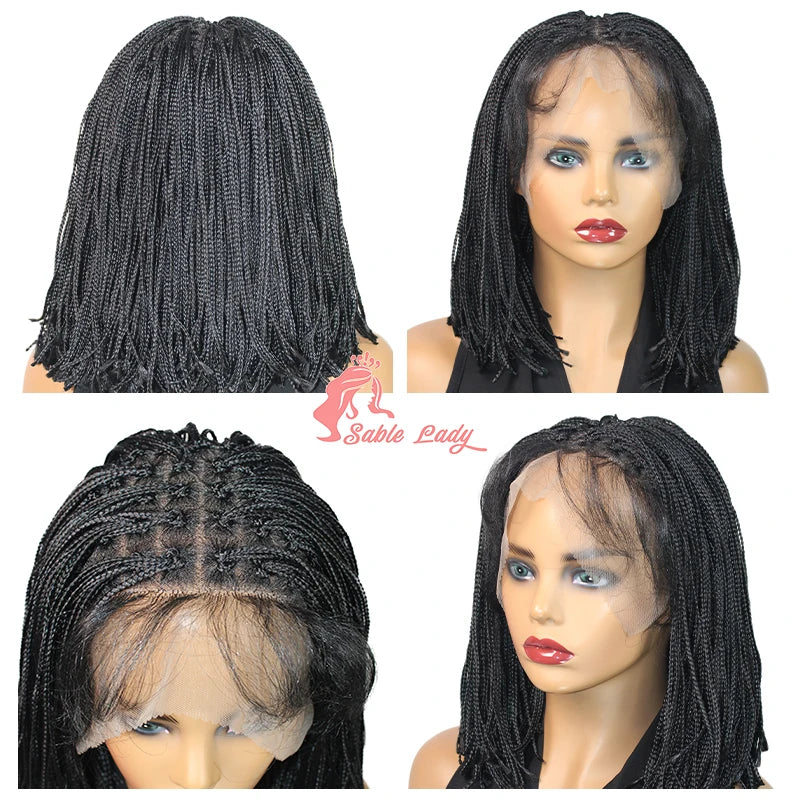 Lace Front Wig – 12 Inch Short Braided – Shoulder Length Bob – Black | KIMLUD