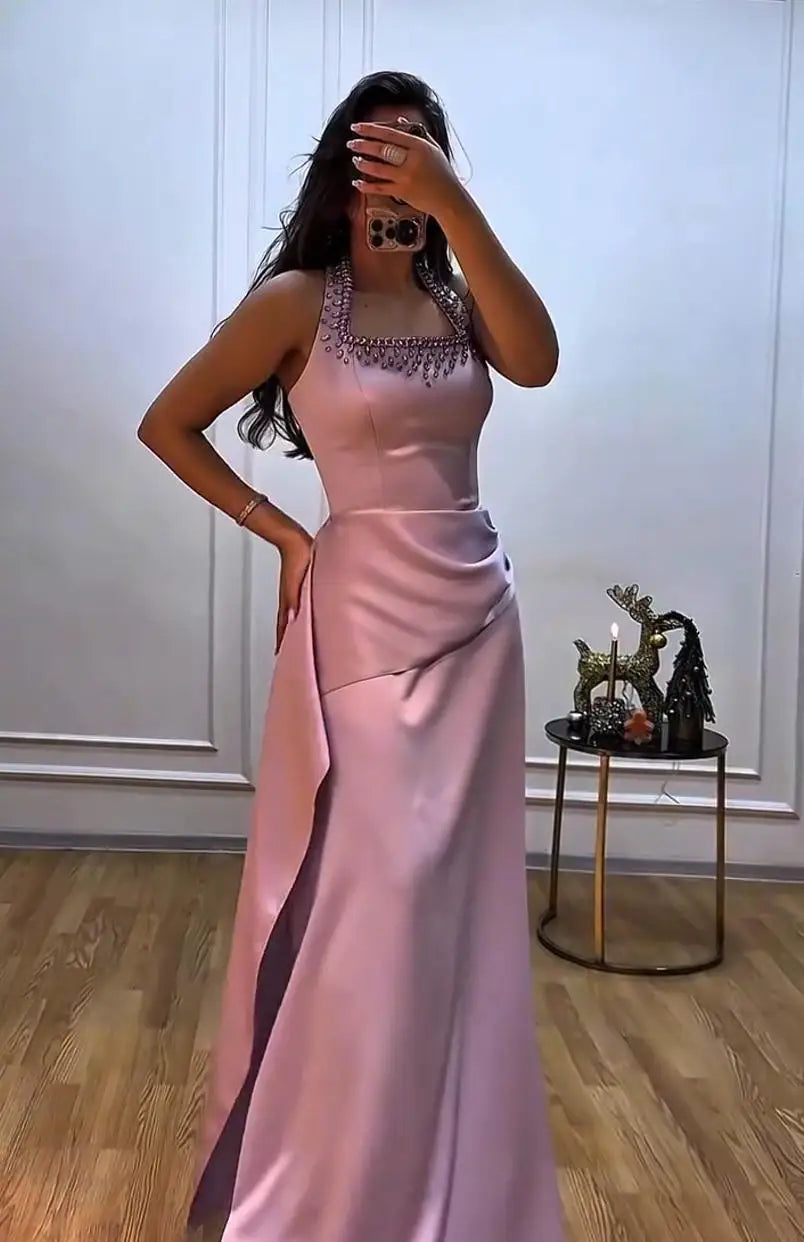 Halter Evening Dress – Rhinestone Beaded – Satin – Purple | KIMLUD