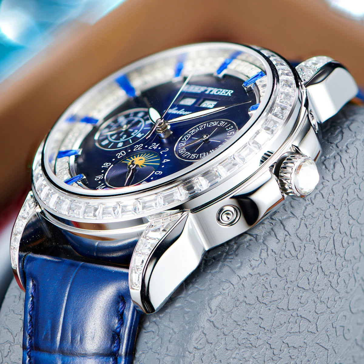 Moonphase Automatic Watch Diamonds Bezel Leather Strap — Blue | KIMLUD