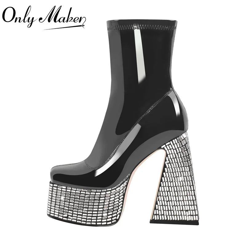 Onlymaker Woman Platform Rhinestone Ankle Boots Square Toe Chunky Booties Thick High Heels Side Zip Mixed Colors Punk Boots