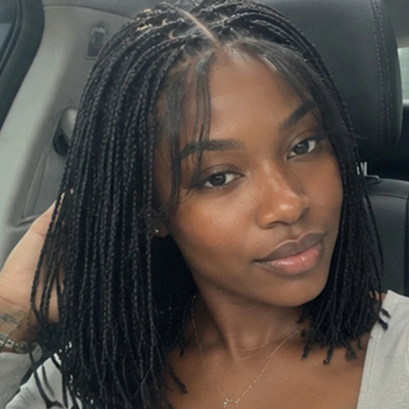 Lace Front Wig – 12 Inch Short Braided – Shoulder Length Bob – Black | KIMLUD
