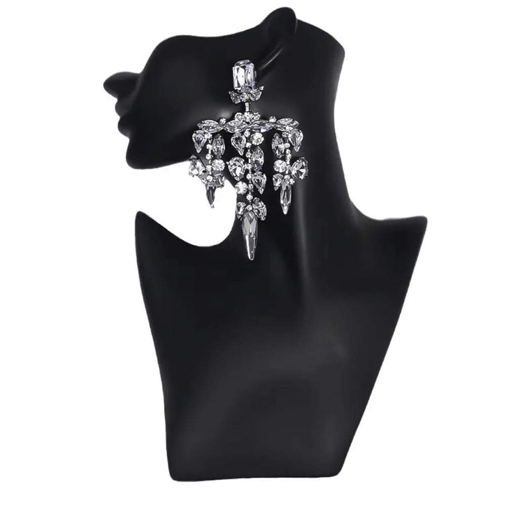 Exaggerated Rhinestone Large Dangle Earrings — Black Crystal | KIMLUD