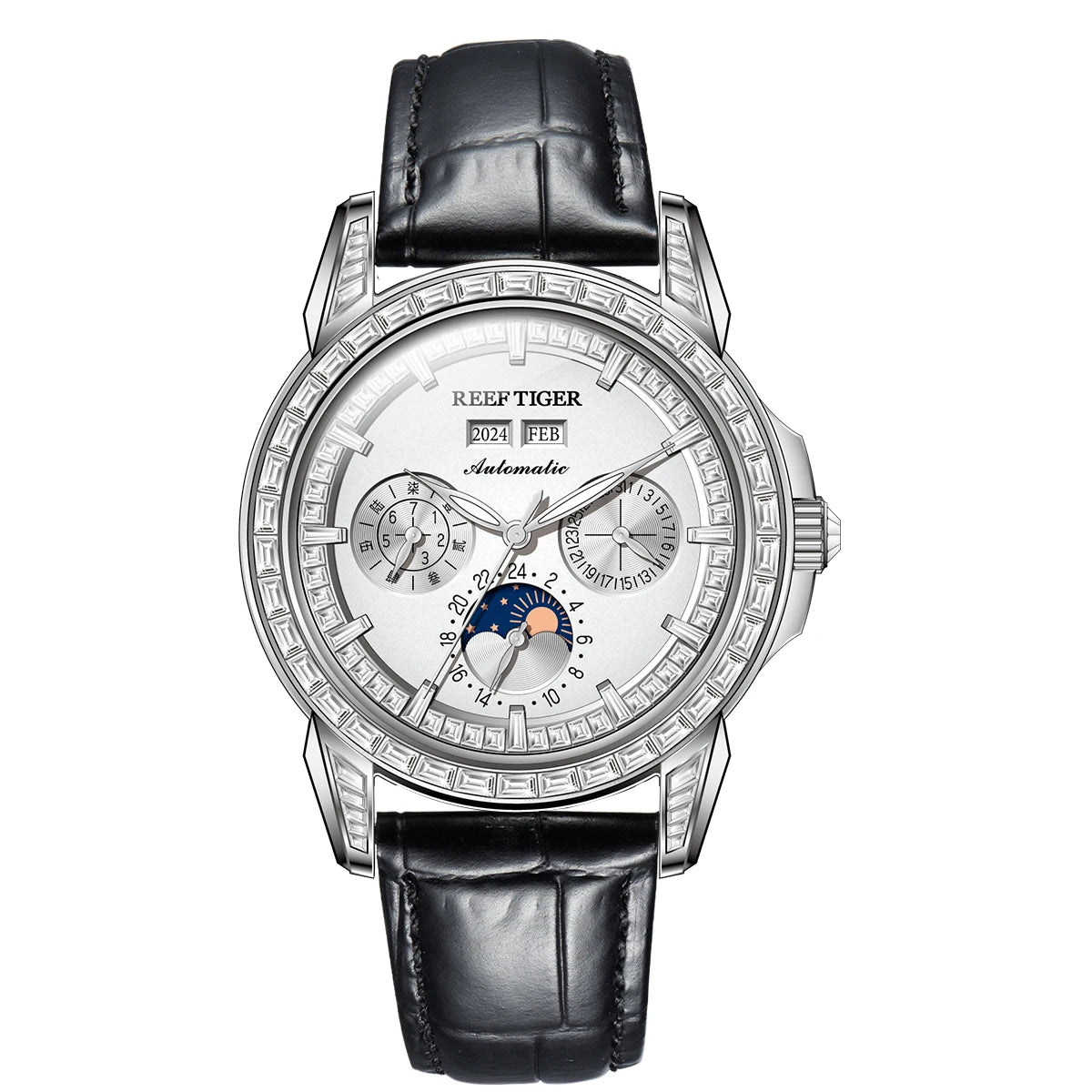 Moonphase Automatic Leather Watch Rainbow Diamond Bezel — Ruby Red | KIMLUD