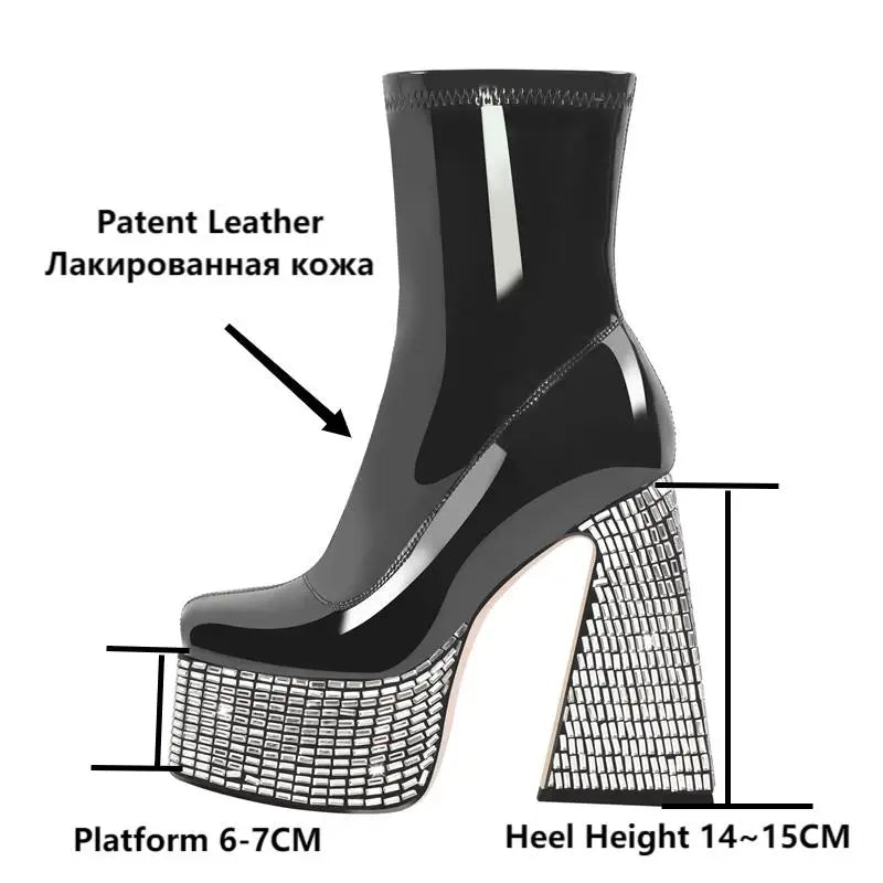 Onlymaker Woman Platform Rhinestone Ankle Boots Square Toe Chunky Booties Thick High Heels Side Zip Mixed Colors Punk Boots
