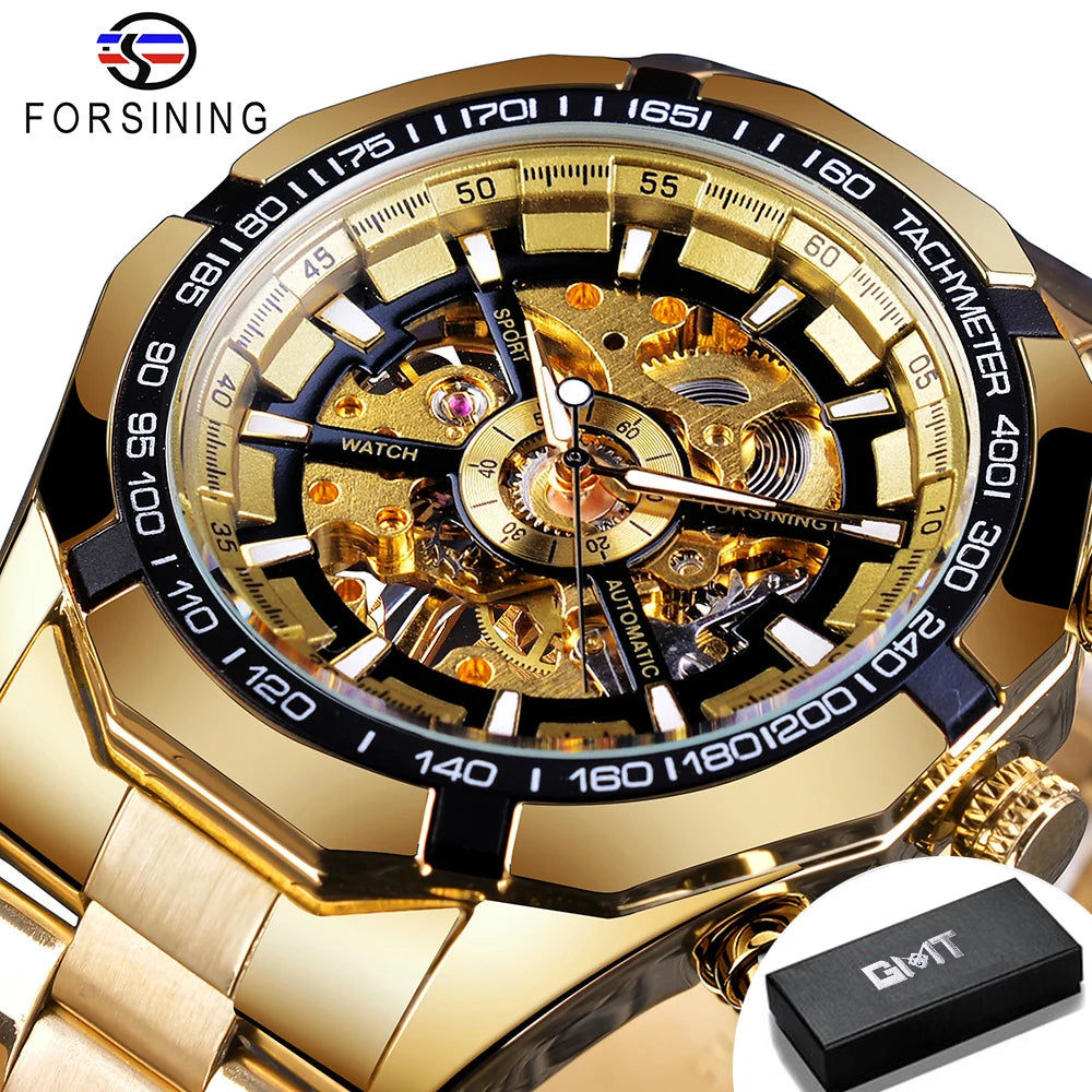 Forsining 2025 Stainless Steel Waterproof Mens Skeleton Watches Top Brand Luxury Transparent Mechanical Sport Male Wrist Watches