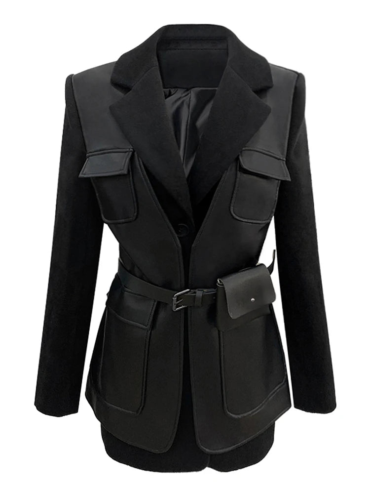 Patchwork Leather Jacket – Pockets – Faux Leather PU – Black | KIMLUD