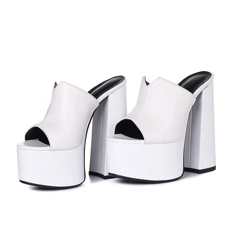 Genuine Leather Sandals Platform 8cm Heel — Black | KIMLUD