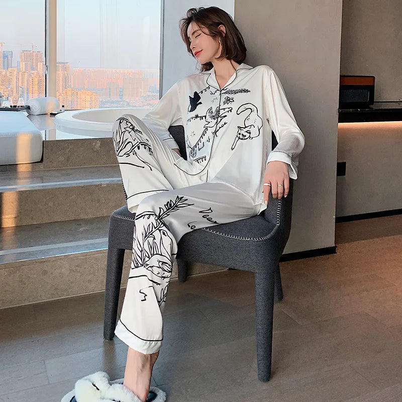 Pajamas Set – Luxury Animal Graffiti Print – Polyester Stretch | KIMLUD