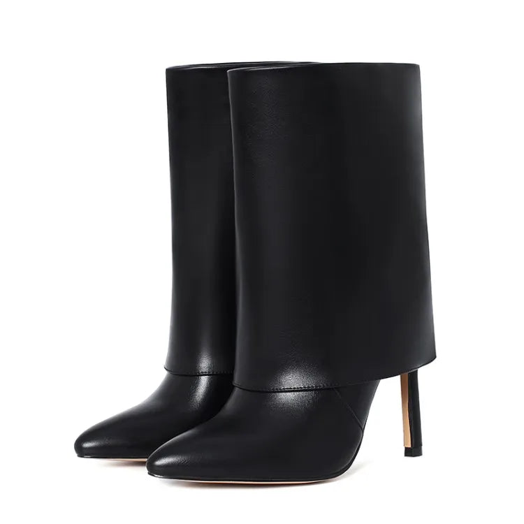 Solid Folding Design Pointed Toe Booties for Women Thin High Heel Slip-on Short Shoes Fashion Western Plus Size 43 Ankle Boots