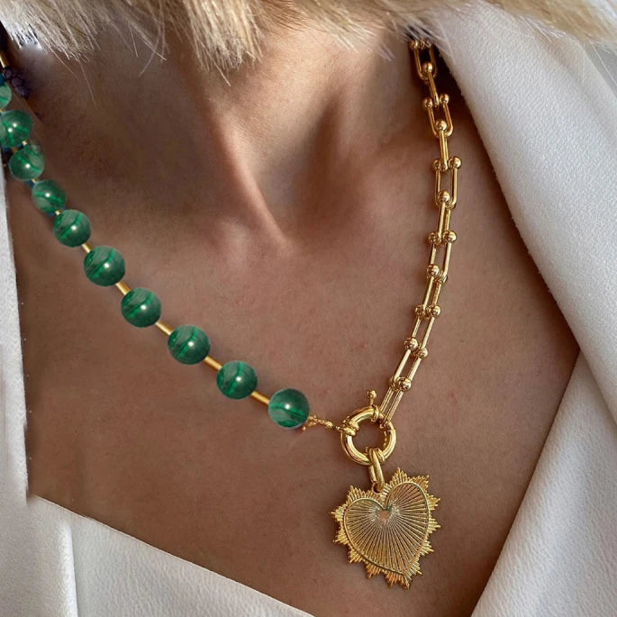 Malachite Two-Tone Horse Coin Necklace — Green | KIMLUD