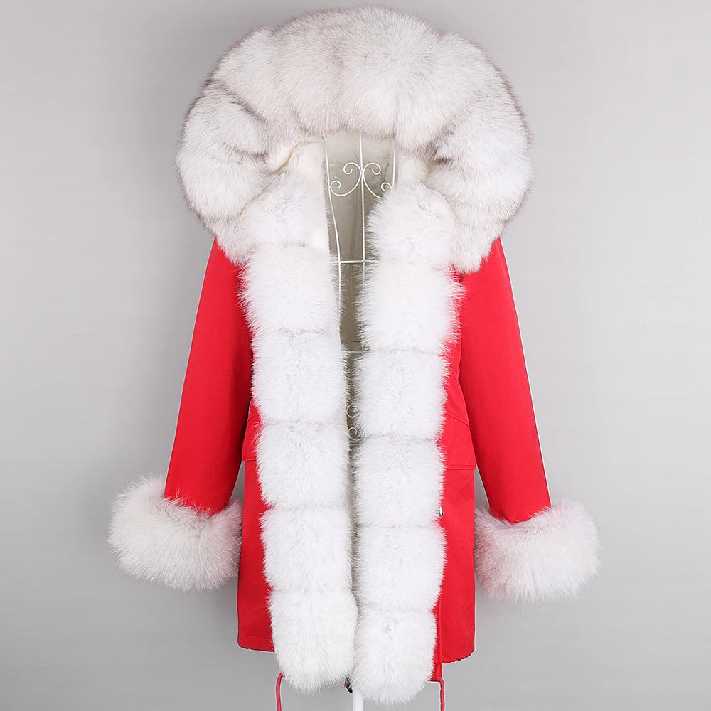 2024 Winter Jacket Women Natural Raccoon Fur Collar  Real Fur Coat Color matching Hood Cuffs Thick Warm Outerwear New Long Parka