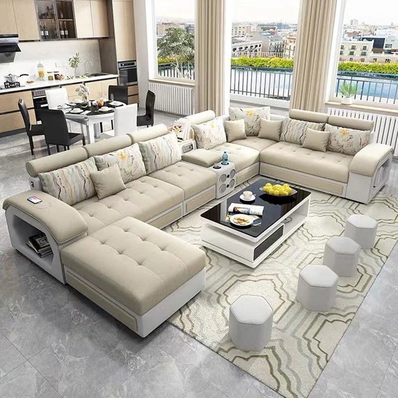Microfiber Sofa With Integrated Bluetooth Speakers And USB Charger — Taupe | KIMLUD