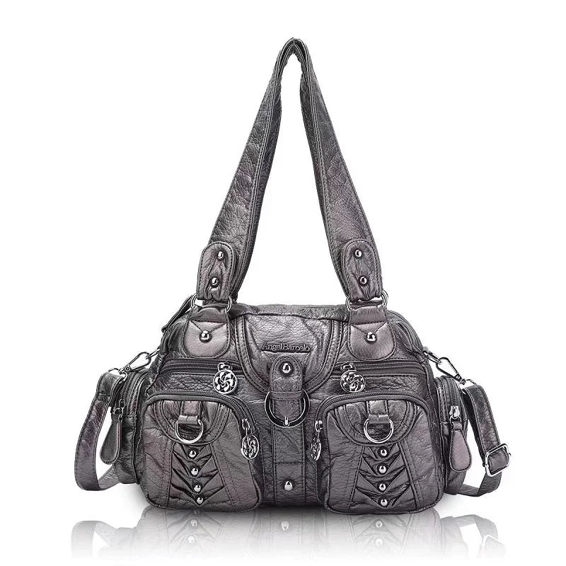 PU Satchel Top-Handle Dumpling Bag — Black | KIMLUD