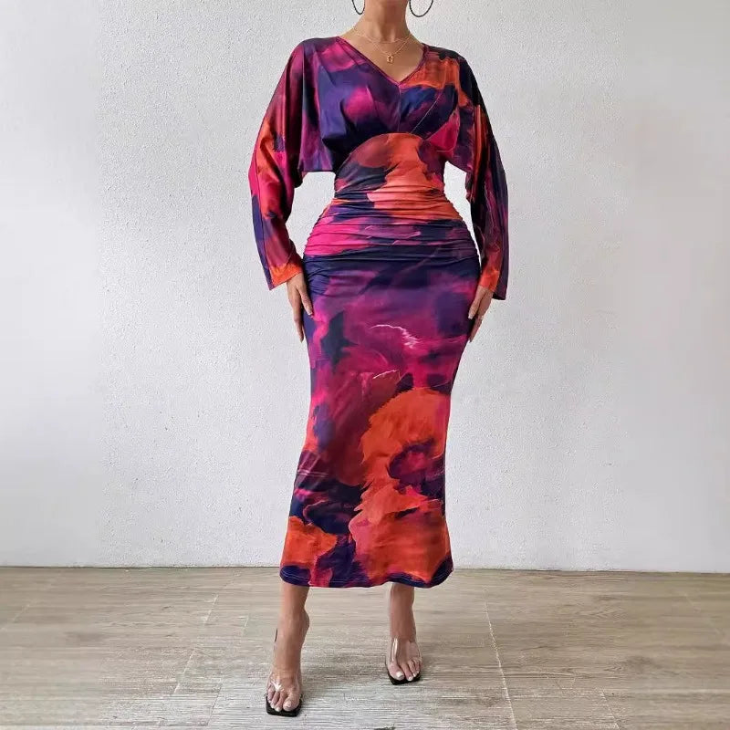V-Neck Pleated Dress Long Sleeve — Cocoa Brown | KIMLUD