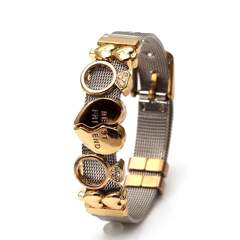 DINGLLY Two-tone Stainless Steel Mesh Bracelets For Women Men Love Heart Beaded 10mm Ribbon Mesh Bracelet & Bangle Gifts