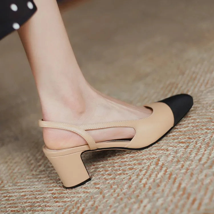 Genuine Leather Slingback Pumps Cap Toe — Beige Nude | KIMLUD