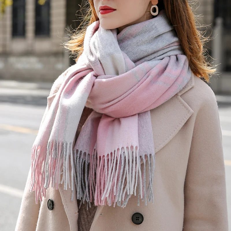 Lambswool Scarf Checkered Camel Plaid — Camel | KIMLUD