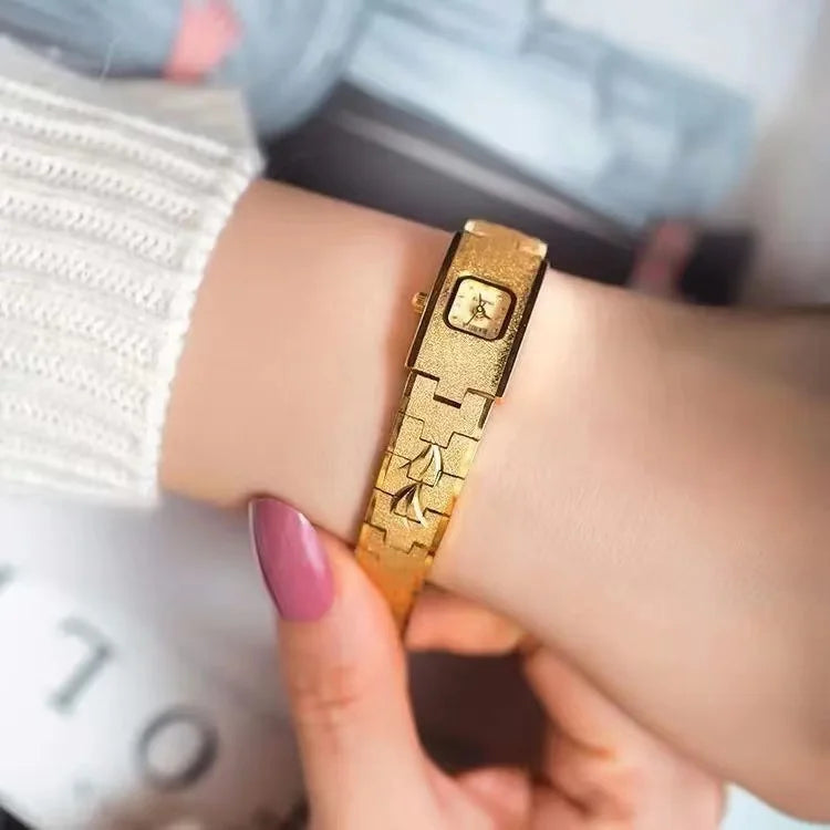 High quality 24K gold no fade brass band women watches diamond small dial square fashion luxury wristwatch for lady retro